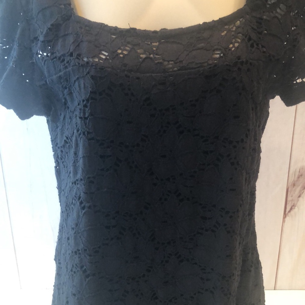 INC International Concepts Black Lace Short Sleeve lined  topSquare neck Small